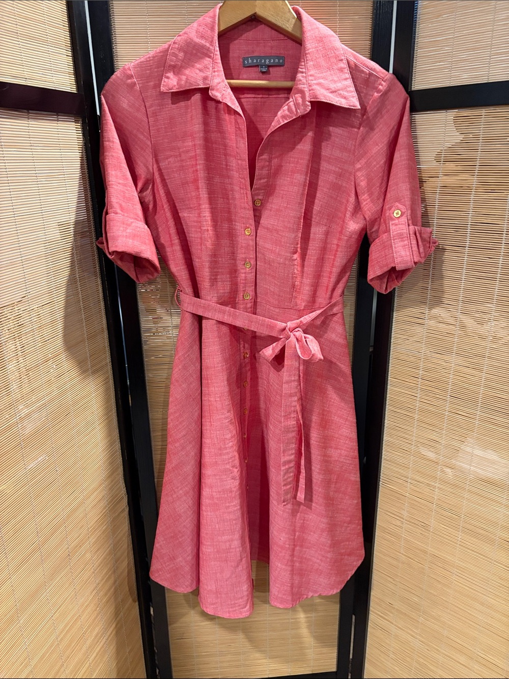 Sharagano Coral-Pink Button-Front Shirt Midi Dress with Tie Waist